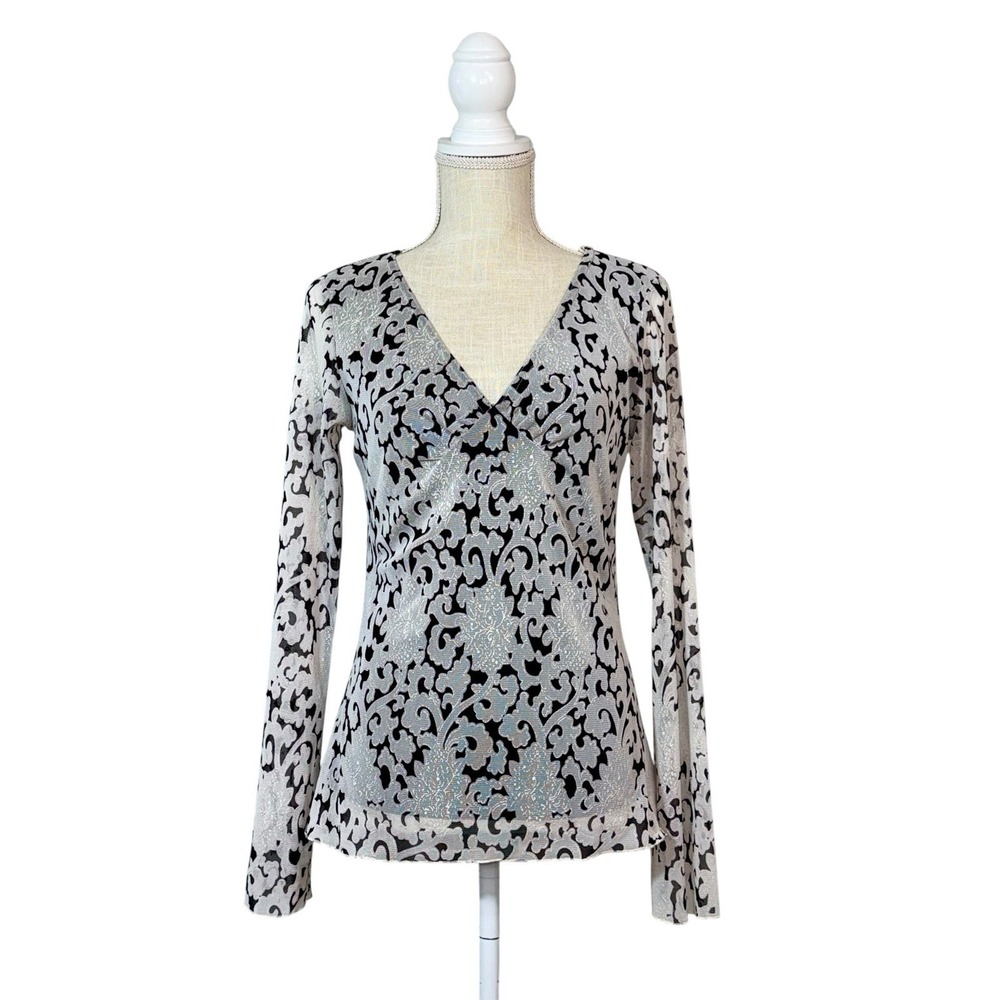 Vtg Y2K Lace Overlay Bell Sleeve Top Sz‎ L Black White Whimsy Gothic Fairycore